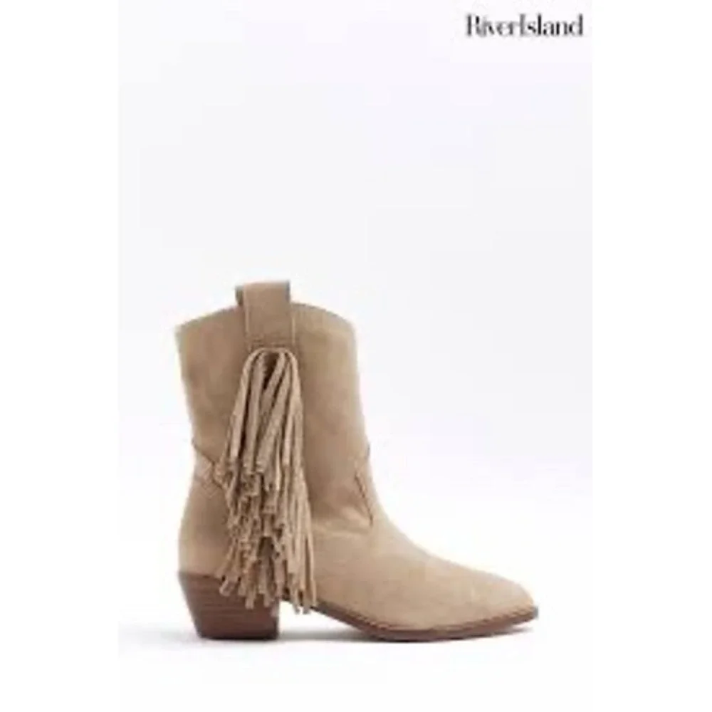 Zadig Voltaire Suede Fringe Western Boots Taupe Ankle Booties Size 39 - Picture 2 of 8